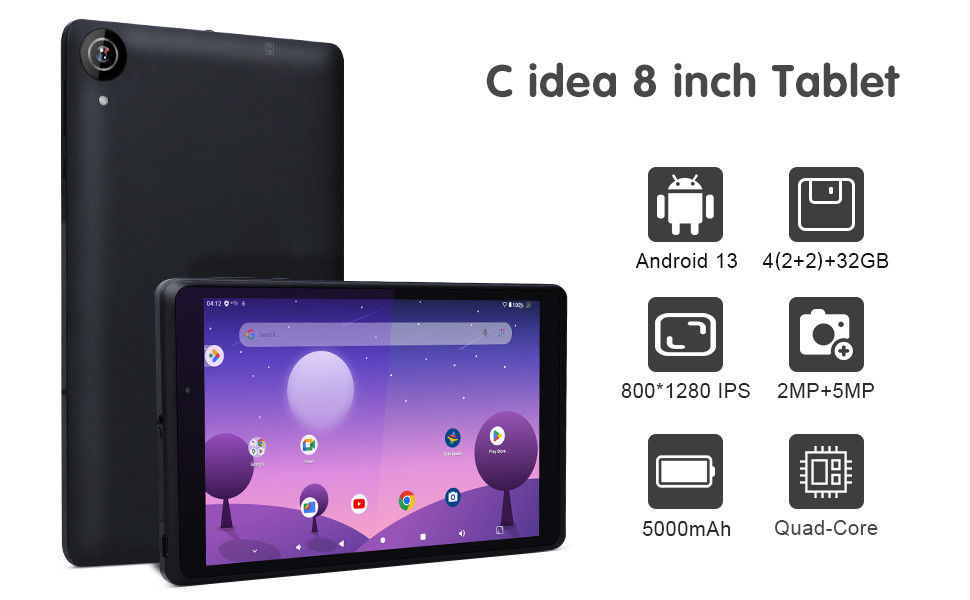 C Idea Youth 8 Inch Tablet اندروید 13 با صفحه نمایش آبی، وای فای، 32GB + 64GB، 800*1280 IPS incell CM826