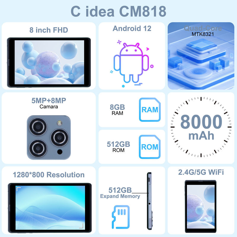 ایده C Android Tablet PC دوربین دوگانه 8 اینچ 1280x800 IPS صفحه نمایش HD Android 12 تبلت برای دانش آموز CM818 خاکستری