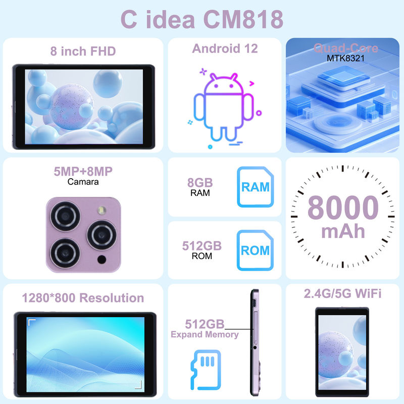 ایده C 8 اینچ اندروید 12 تبلت 8000mAh باتری 5 + 8MP دوربین 8GB رم 512GB رم برای آموزش یادگیری CM818 صورتی