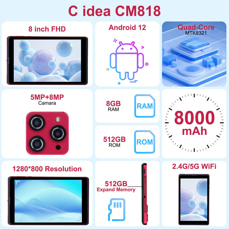 ایده C 8 اینچ اندروید 12 تبلت 8GB رم 512GB رم 8000mAh باتری 5+8MP دوربین برای دانش آموز با پشتیبانی سیم کارت CM818 قرمز