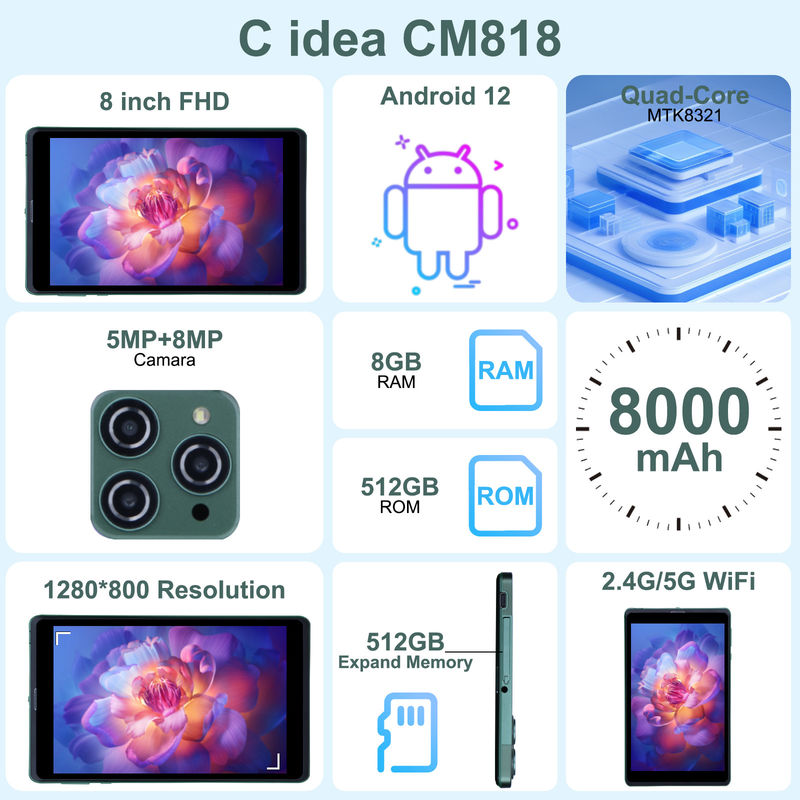 ایده C قابل حمل 8 اینچ Android Tablet PC با اندروید 12 Quad Core CPU 8GB RAM 512GB ذخیره سازی IPS صفحه نمایش HD CM818-سبز