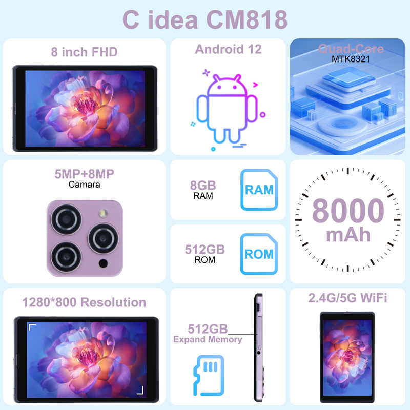 C Idea 8 اینچ اندروید 12 تبلت 8000mAh باتری 5MP + 8MP دوربین 8GB رم 512GB ROM برای آموزش یادگیری CM818 صورتی