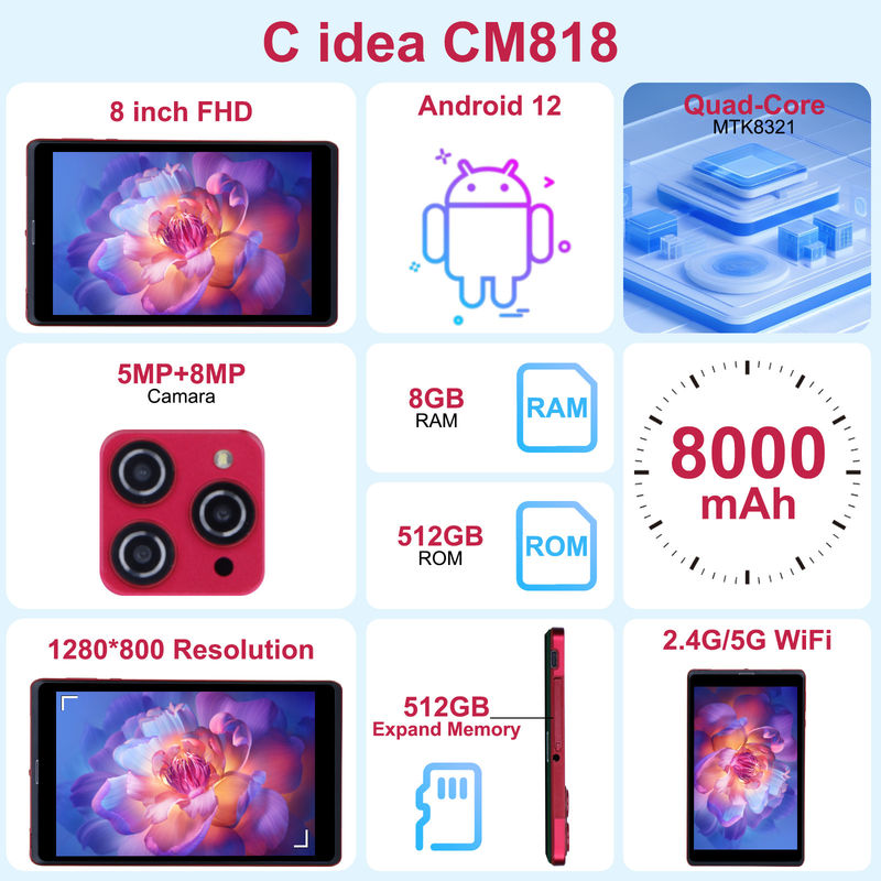 ایده C 8 اینچ اندروید 12 تبلت 8GB رم 512GB رم 8000mAh باتری 5+8MP دوربین برای نوجوانان با پشتیبانی سیم کارت CM818 قرمز