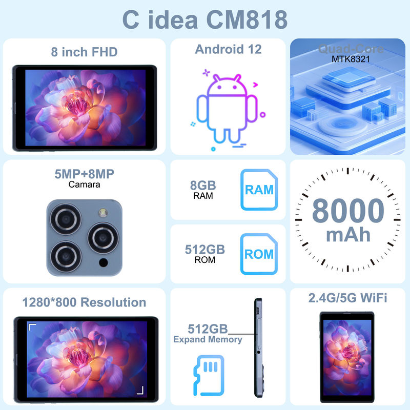 ایده C اندروید تبلت PC دوربین دوگانه 8 اینچ 1280x800 IPS صفحه نمایش HD اندروید 12 تبلت برای نوجوانان CM818 خاکستری