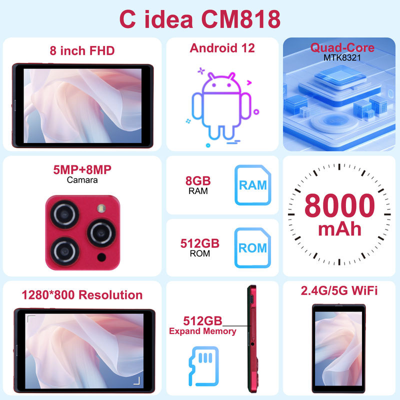 ایده C 8 اینچ اندروید 12 تبلت 8GB رم 512GB رم 8000mAh باتری 5+8MP دوربین برای دانش آموز با پشتیبانی سیم کارت CM818 قرمز