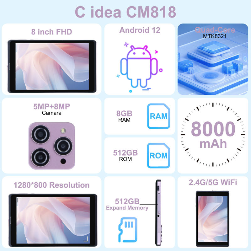 ایده C 8 اینچ اندروید 12 تبلت 8000mAh باتری 5 + 8MP دوربین 8GB رم 512GB رم برای آموزش یادگیری CM818 صورتی
