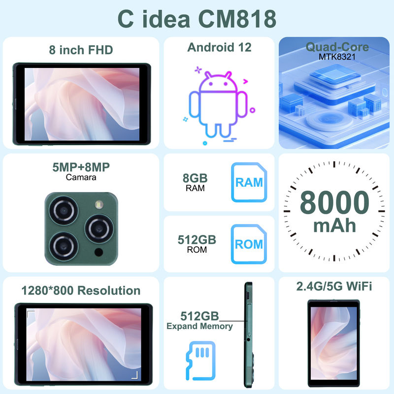 ایده C 8 اینچ Android Tablet PC با اندروید 12 OS Quad Core CPU 8GB RAM 512GB Storage IPS HD Display CM818 سبز