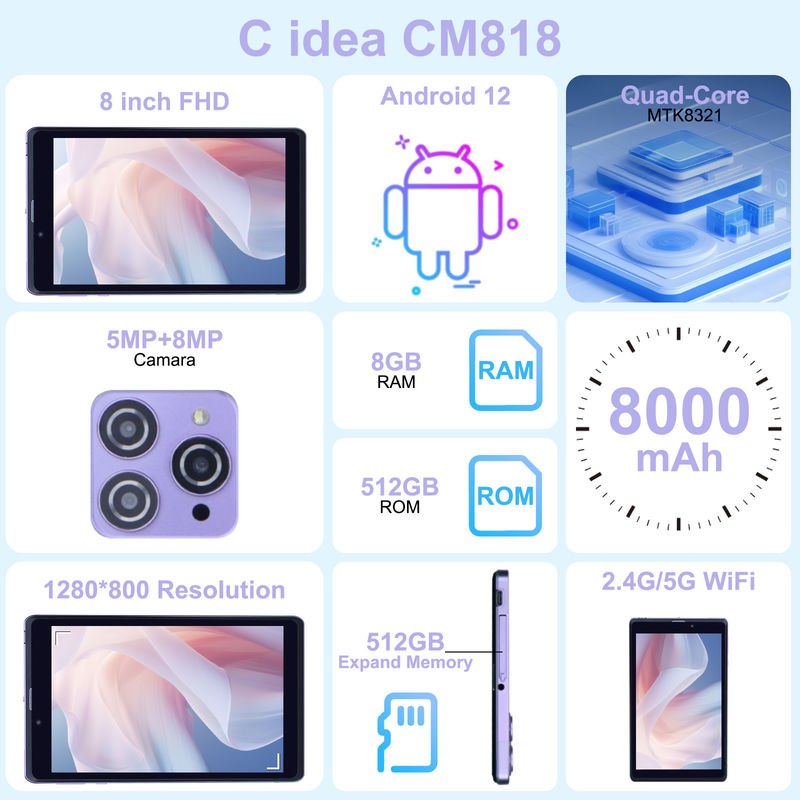 C Idea Portable 8 In Android Tablet PC 8GB RAM 512 GB اندروید 12 تبلت آی پی اس اچ دی صفحه نمایش چهار هسته ای CM818 بنفش