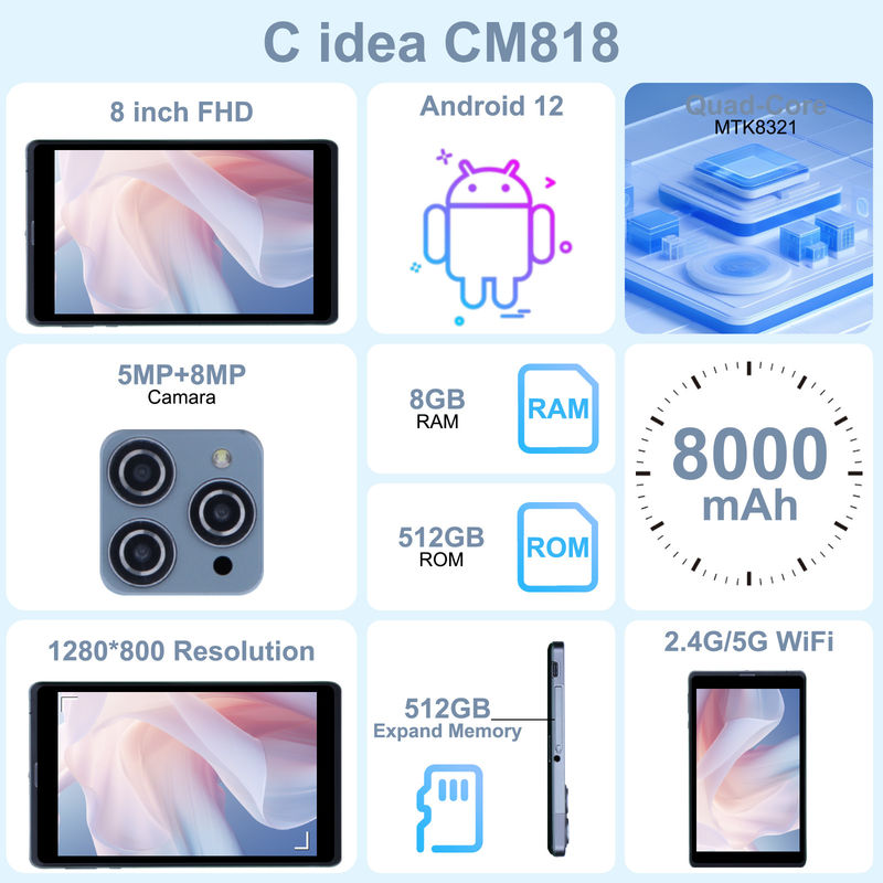 ایده C Android Tablet PC دوربین دوگانه 8 اینچ 1280x800 IPS صفحه نمایش HD Android 12 تبلت برای دانش آموز CM818 خاکستری