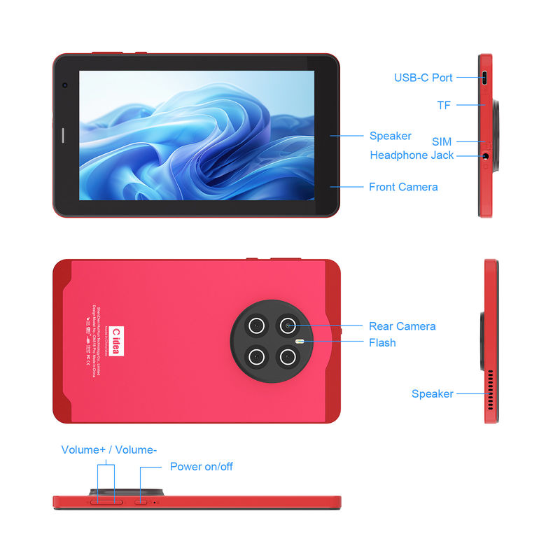 C Idea Android 13 تبلت با سیم کارت وای فای 7 اینچ صفحه نمایش لمسی تبلت برای دانش آموزان CM518 پرو قرمز