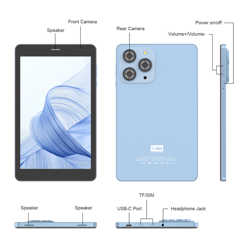 ایده C 8 اینچ تبلت وای فای با 8 + 512GB ذخیره سازی پردازنده چهار هسته ای 800x1280 IPS صفحه لمسی آبی CM817 پرو