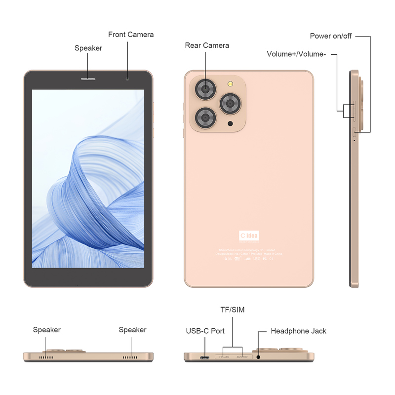 تبلت 8 اینچی وای‌فای C idea با حافظه 8+512 گیگابایت، پردازنده چهار هسته‌ای، صفحه نمایش لمسی IPS 800x1280، طلایی CM817 Pro