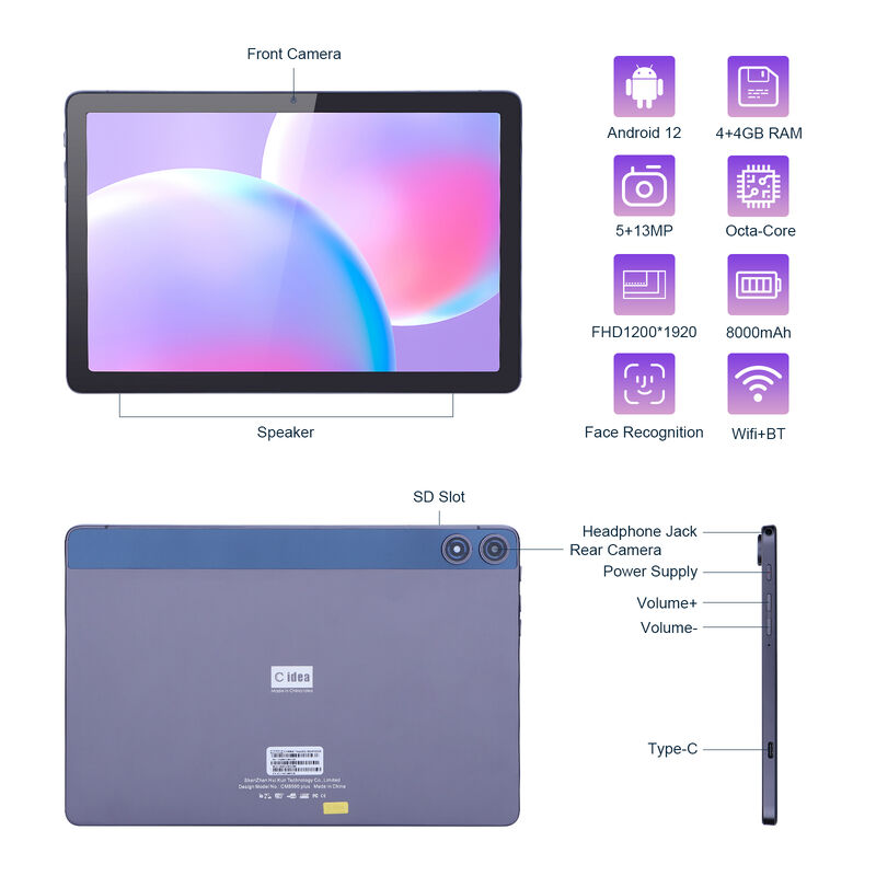 C Idea Android Tablet FHD 1200*1920 با باتری 6000mAh 10.1 اینچ تبلت PC P1250